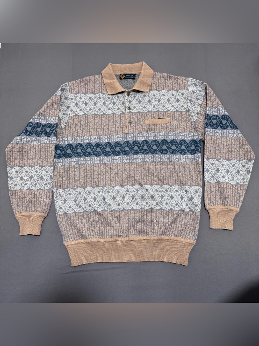 VTG 80s Jin Tai Geometric Knit Polo Sweater Mens L Mint Coogi Style Retro